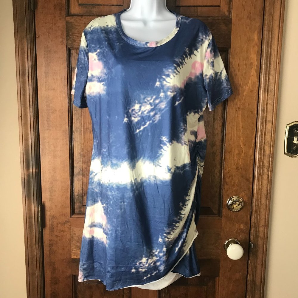 NWT Qearal Pullover Blue/Ivory/Pink Tie-Dye Dress w/Shirred Side X-Large